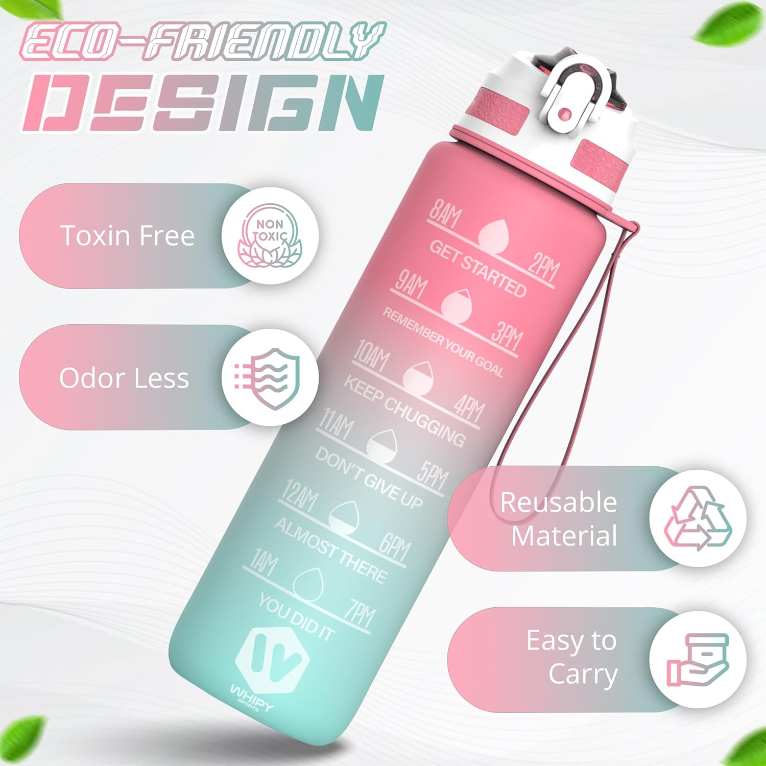 WHIPY 1L Water Bottle with Straw - Leak-Proof & BPA Free Reusable Sports Bottle - Motivational Time Markings for Hydration Durable Drink Bottle for Gym, Sports, Outdoor, Cycling (Red & Green)-3