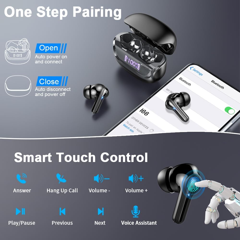 Wireless Earbuds, 2024 Bluetooth 5.4 Headphones in Ear with 4 ENC Noise Cancelling Mic, HiFi Stereo Deep Bass Bluetooth Earbuds, Wireless Earphones 45H Playtime with Dual LED Display, IP7 Waterproof-5