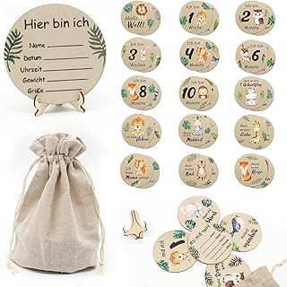 JDBlissful Wooden Baby Milestone Cards, 15 Pieces Double Sided Baby Monthly Milestone Cards, Milestone Baby Cards for New Parents, Born in 2024 Baby Gifts for Boy or Girl Growth Recording - German