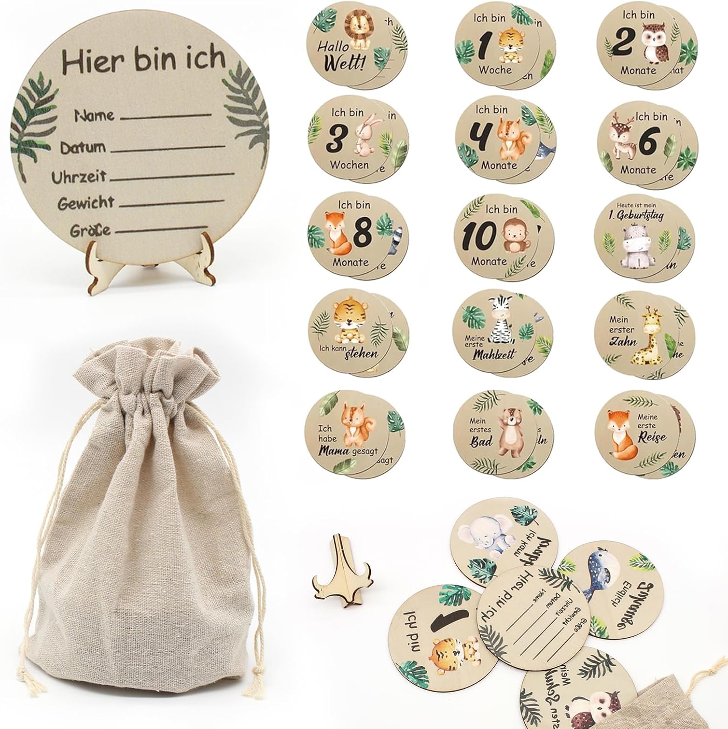 JDBlissful Wooden Baby Milestone Cards, 15 Pieces Double Sided Baby Monthly Milestone Cards, Milestone Baby Cards for New Parents, Born in 2024 Baby Gifts for Boy or Girl Growth Recording - German-0