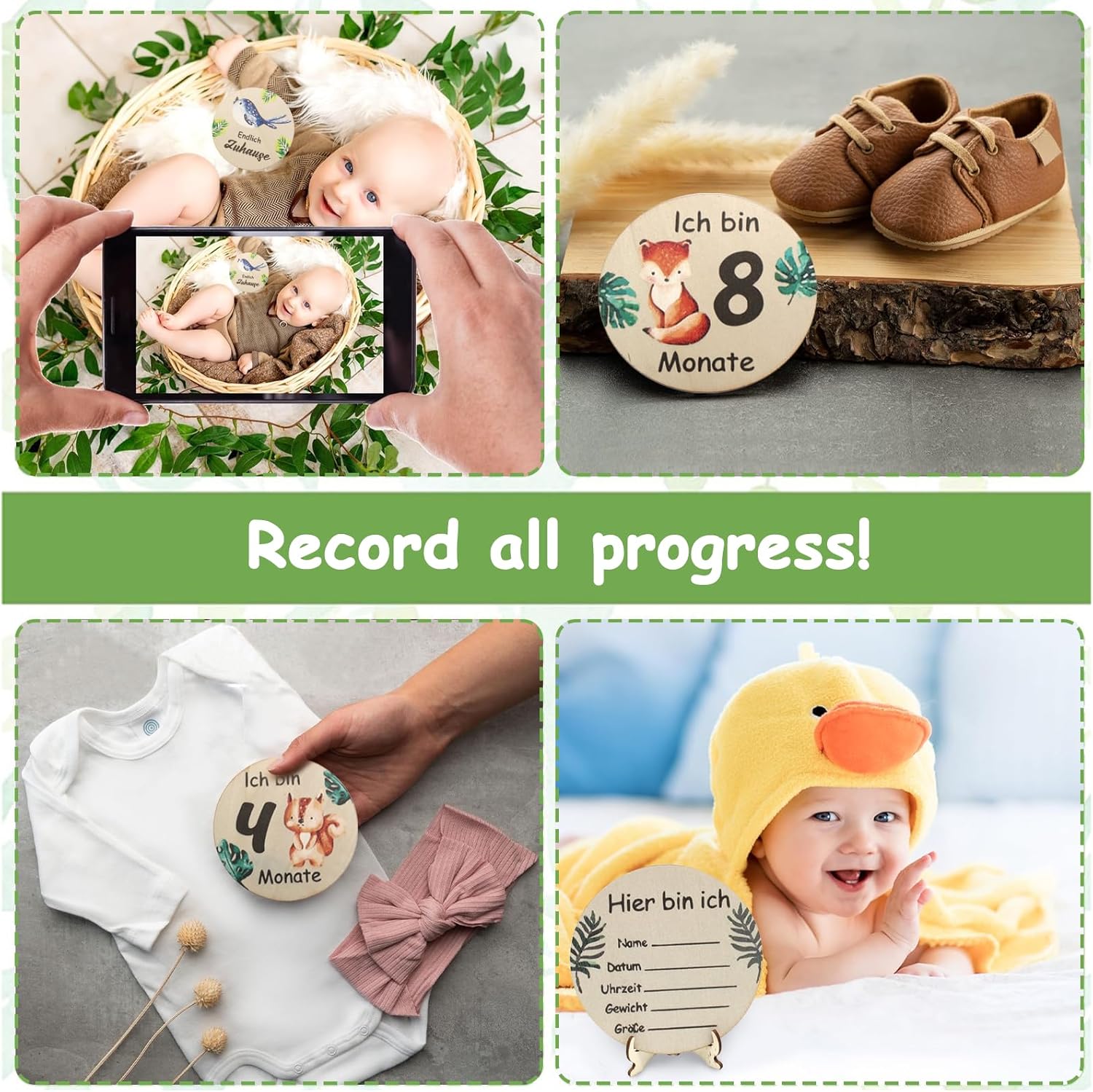 JDBlissful Wooden Baby Milestone Cards, 15 Pieces Double Sided Baby Monthly Milestone Cards, Milestone Baby Cards for New Parents, Born in 2024 Baby Gifts for Boy or Girl Growth Recording - German-4