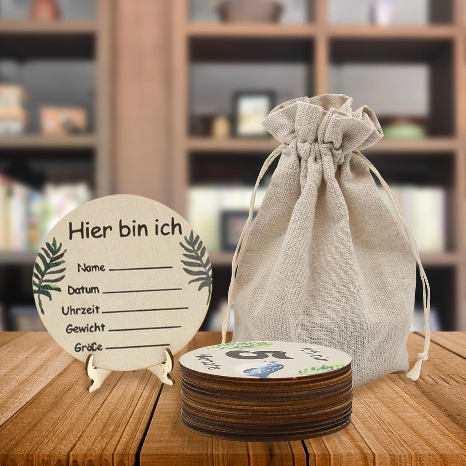 JDBlissful Wooden Baby Milestone Cards, 15 Pieces Double Sided Baby Monthly Milestone Cards, Milestone Baby Cards for New Parents, Born in 2024 Baby Gifts for Boy or Girl Growth Recording - German-7