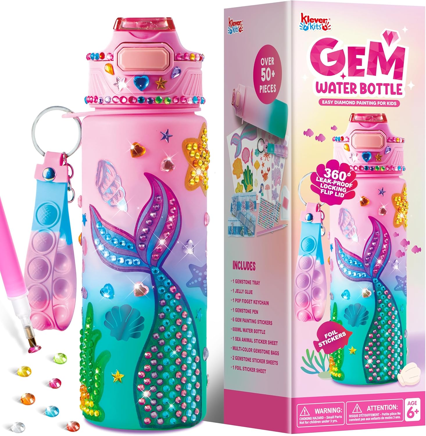 Klever Kits Kids Water Bottle Decoration,Arts and Craft Kits for Kids,Decorate Your Own Water Bottle Kit for Girls Age 6 7 8 9 10 11 12,Mermaid Diamond Painting Crafts,Girls Toys for Birthday-0