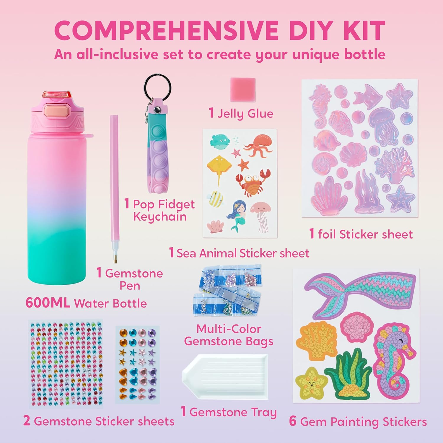 Klever Kits Kids Water Bottle Decoration,Arts and Craft Kits for Kids,Decorate Your Own Water Bottle Kit for Girls Age 6 7 8 9 10 11 12,Mermaid Diamond Painting Crafts,Girls Toys for Birthday-3