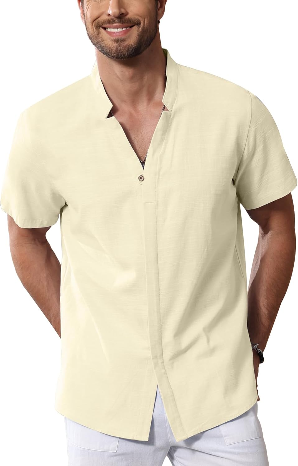 Mens Cotton Linen Henley Shirt Band Collar Button Down Shirt Summer Beach Tops-0