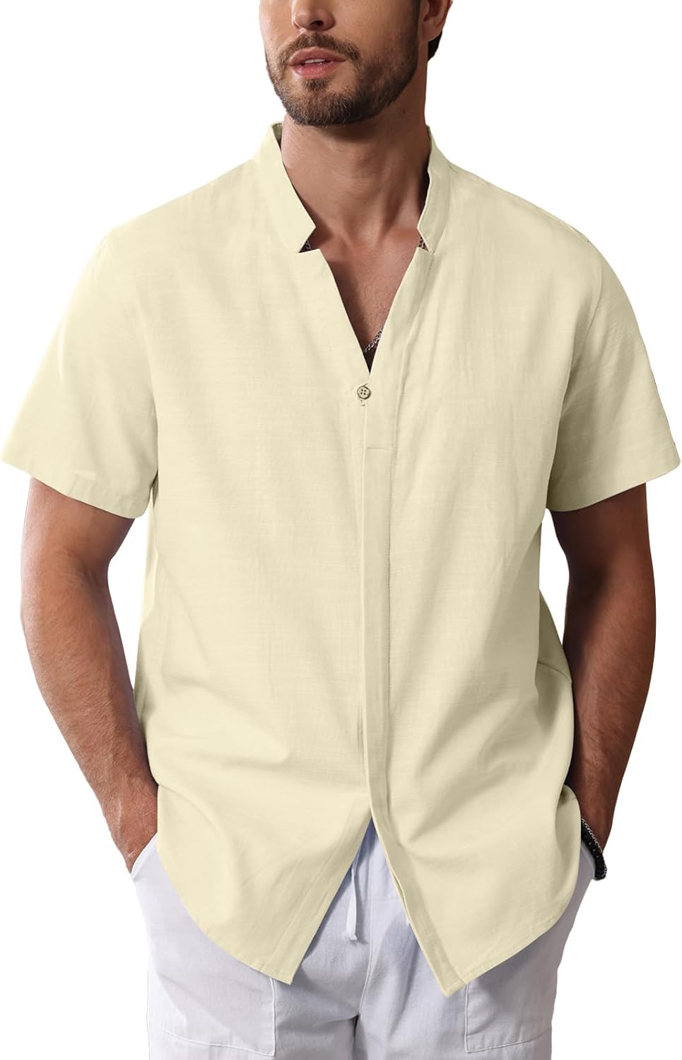 Mens Cotton Linen Henley Shirt Band Collar Button Down Shirt Summer Beach Tops-1