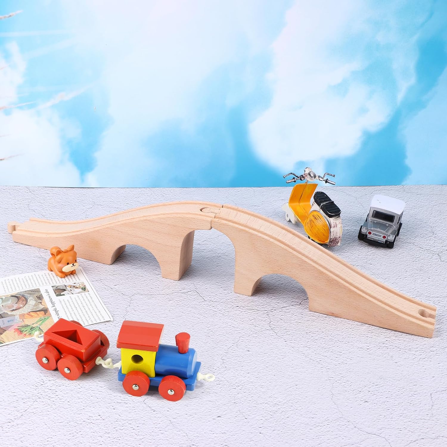 Wooden Train Track Bridge Wood Train Track Expansion Three Arch Bridge, Wooden Toys, Wooden Train Track Accessories Wooden Train Bridge for Most Major Toy Trains Railway-3