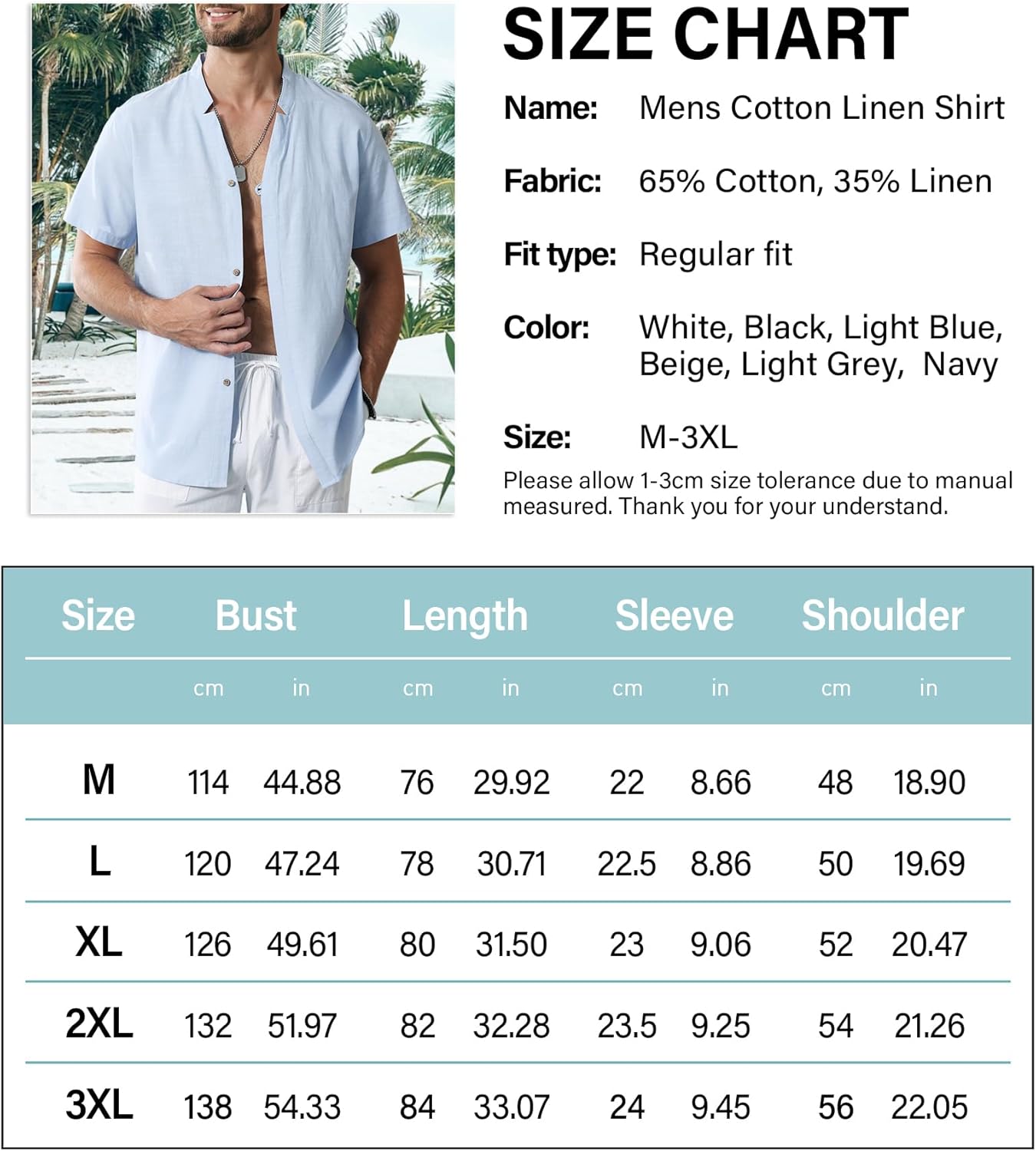 Mens Cotton Linen Henley Shirt Band Collar Button Down Shirt Summer Beach Tops-5