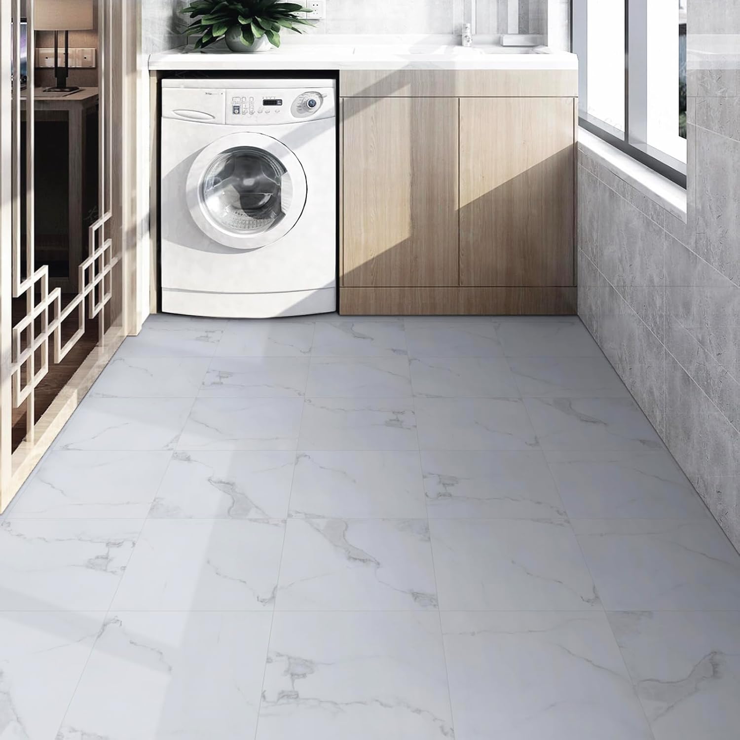 Vinyl Flooring Self Adhesive Floor Tile White Marble Peel and Stick Floor Stickers Waterproof for Kitchen Living Room Bathroom 30X30cm 20pcs-0