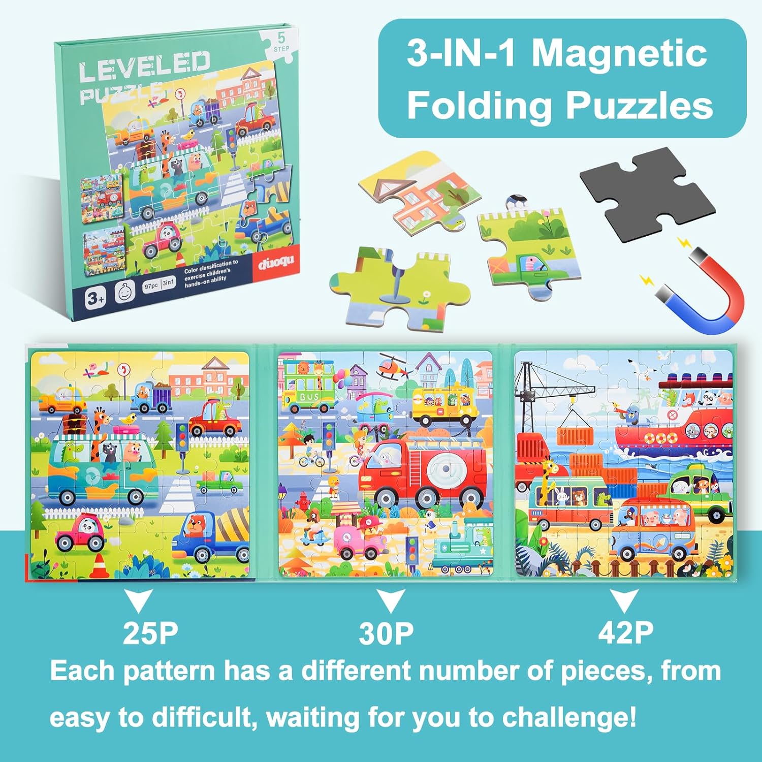 ASTARON Magnetic Puzzles for Toddlers, Educational Travel Toys Car Plane Activities For Kids, 25-30-42 pieces Learning Magnet Puzzles for Road Trip, Kids Birthday Gifts-1