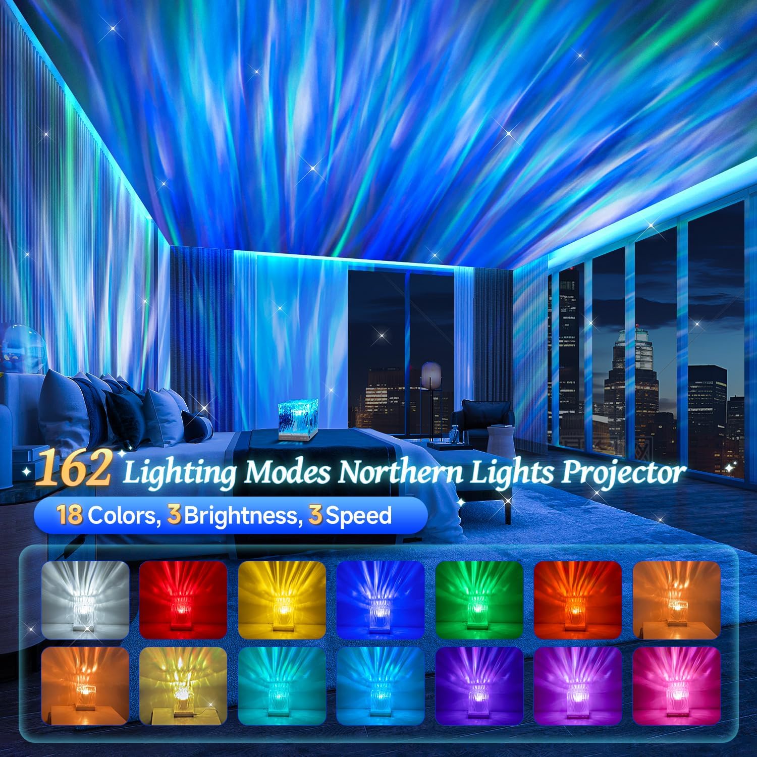 Northern Lights Projector+162 Modes, 10 Brightness Sensory Lights+Remote, Quiet Night Light Projector for Bedroom Lights, Projector Light, Mood Lighting Ambient Lighting, Lamp for Bedroom Galaxy Light-1