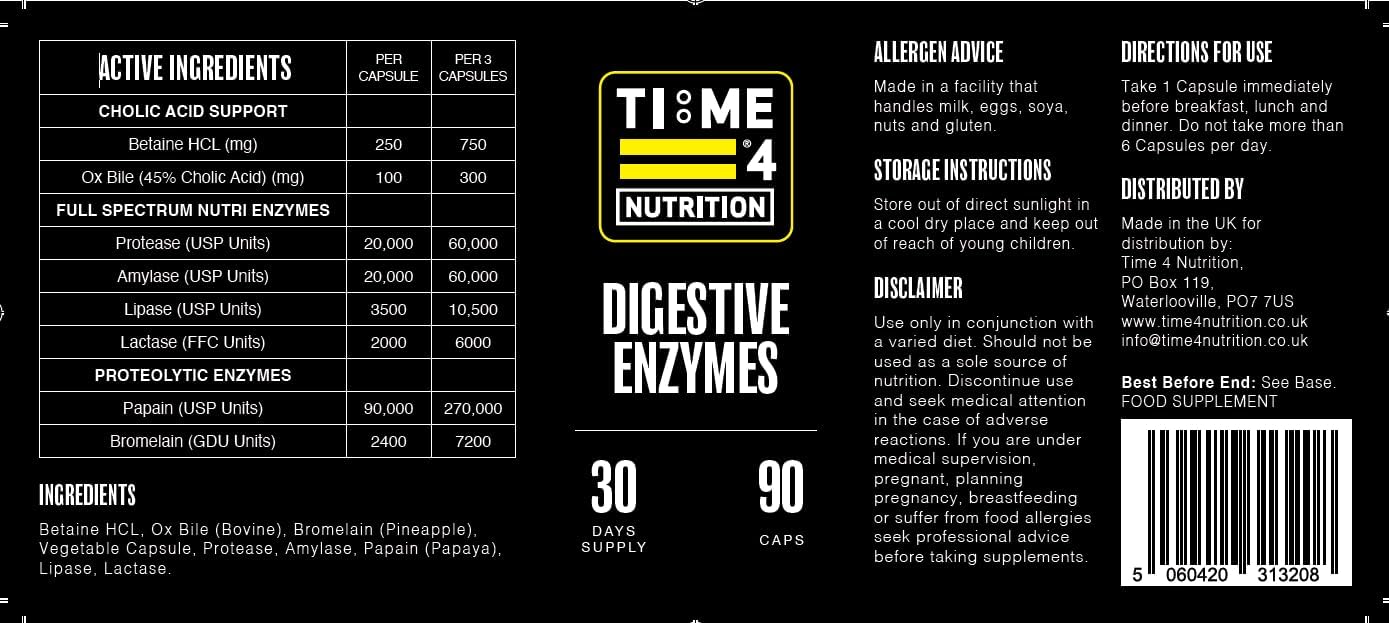 Time 4 Digestive Enzymes with Betaine Hydrochloride, Ox Bile Salts, Protease, Amylase, Lipase, Lactase & Proteolytic Enzymes Papaine & Bromelaine 90 Capsules 30 Day Supply Relieve Bloating & Gas-7