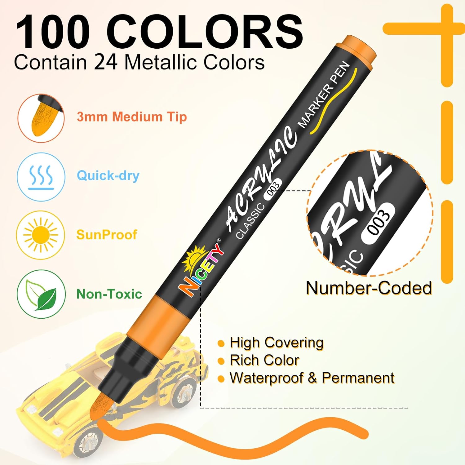 NICETY 100 Colours Acrylic Paint Pens - 3mm Medium Tip Paint Markers for Rock Painting, Stone, Glass, Wood, Porcelain, Ceramic, Fabric - Water-Based Acrylic Pens for Adults-1