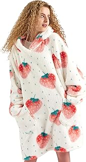 Bedsure Blanket Hoodies for Women, Strawberry Wearable Blanket Adult, Hooded Blanket Ultra Soft Cozy, Oversized Blanket Hoodie