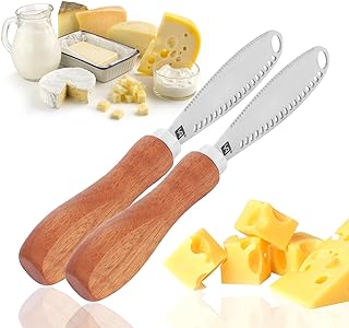 2 Pack Butter Knife Spreader, 3-in-1 Stainless Steel Butter Curler with Non-Slip Wood Handle, Multi-Function Cheese Spreader Knives Easy Spread for Butter Cheese Jams Jell