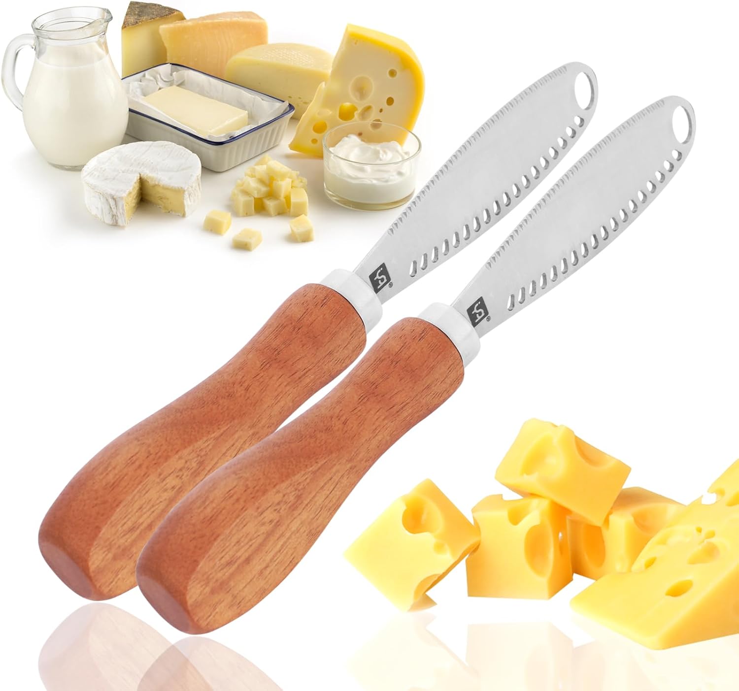 2 Pack Butter Knife Spreader, 3-in-1 Stainless Steel Butter Curler with Non-Slip Wood Handle, Multi-Function Cheese Spreader Knives Easy Spread for Butter Cheese Jams Jell-0