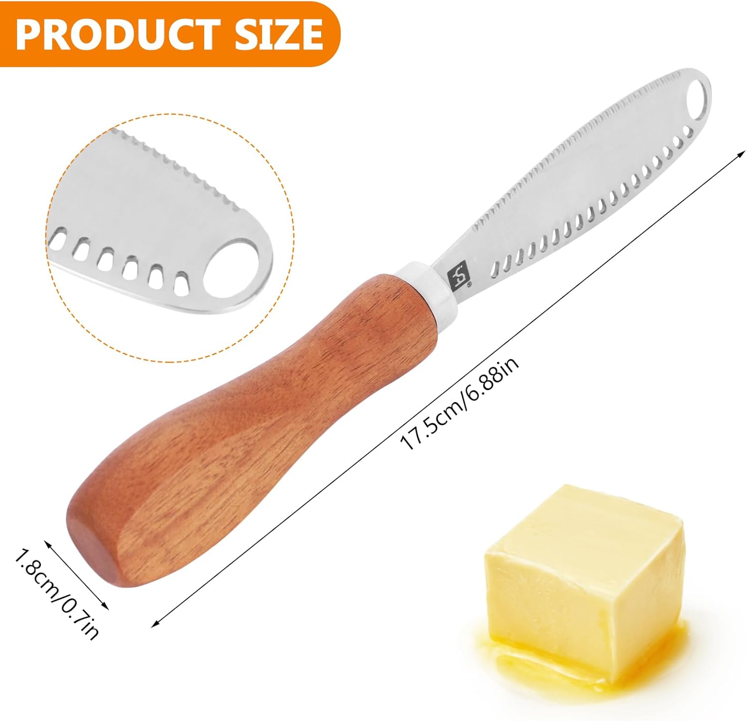 2 Pack Butter Knife Spreader, 3-in-1 Stainless Steel Butter Curler with Non-Slip Wood Handle, Multi-Function Cheese Spreader Knives Easy Spread for Butter Cheese Jams Jell-5