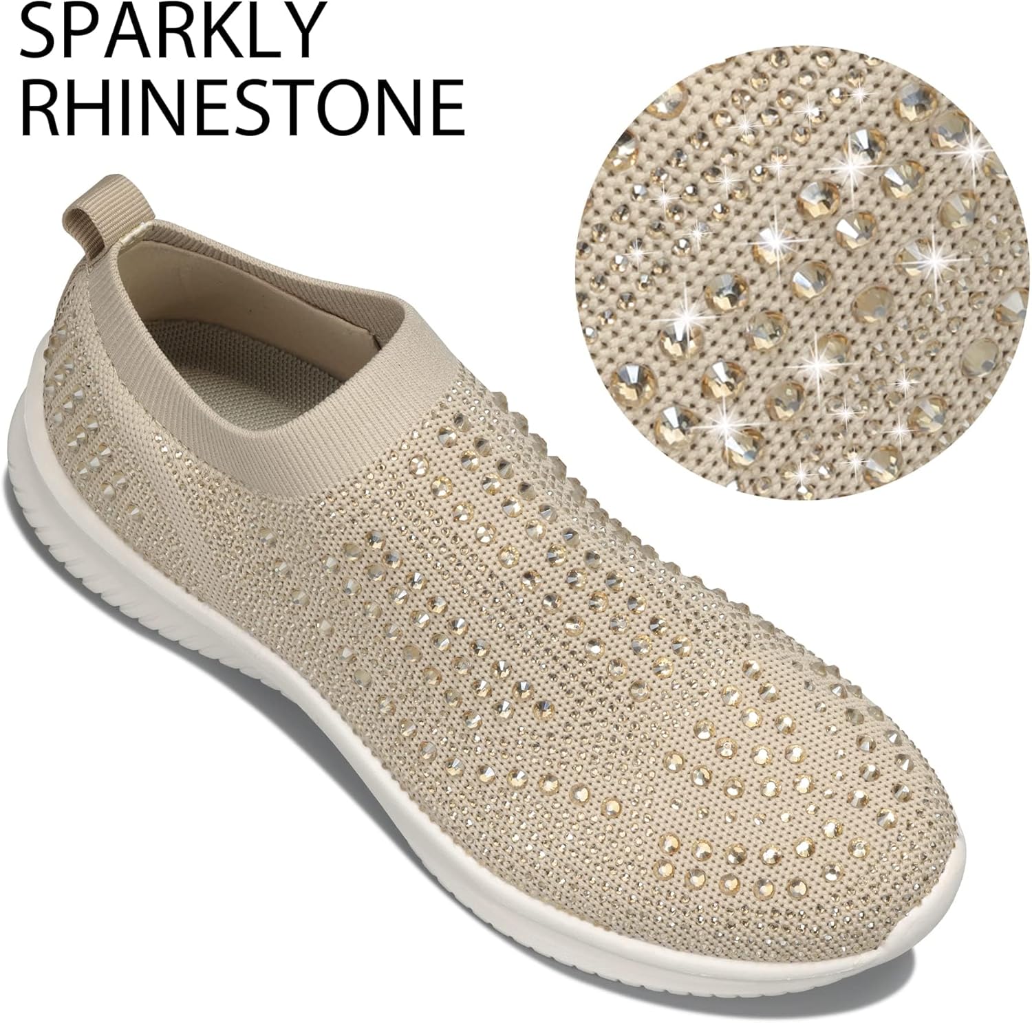 LUCKY STEP Women's Rhinestone Mesh Slip On Walking Shoes Fashion Breathable Spakle Glitter Sneaker-1