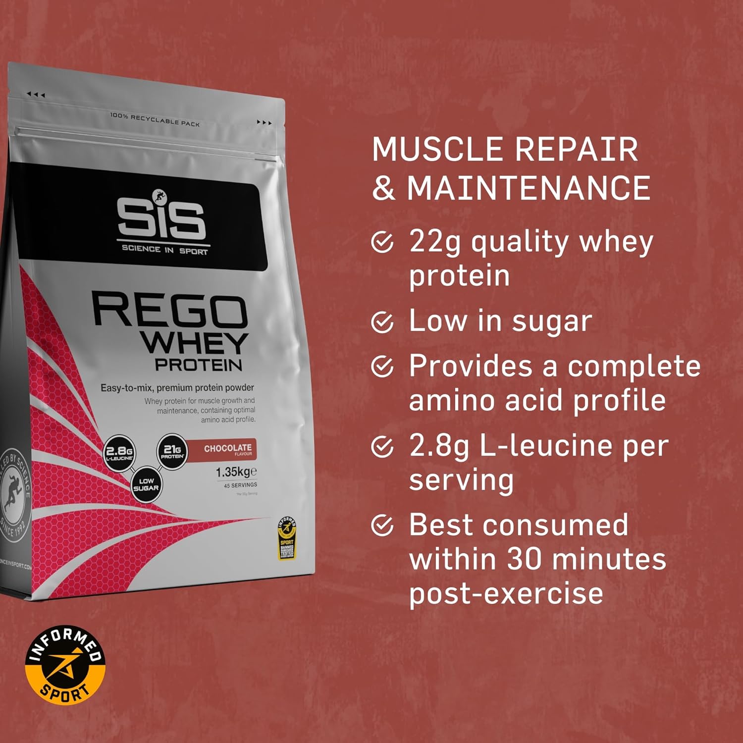 Science In Sport REGO Whey Protein Powder | Muscle Building & Recovery with BCAA Amino Acids | Chocolate Flavour, 1.35 kg, 45 Servings-2