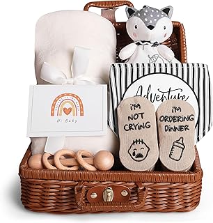 Loiieru Baby Shower Gifts, Baby Boy Gifts, Unique Baby Gift Basket Essentials Stuff - Baby Lovey Blanket Newborn Bibs Socks Wooden Rattle & Greeting Card, Newborn Baby Gift Set, Baby Girl Gift