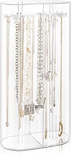 Huquter Jewellery Stand Organiser, Acrylic Necklace Stand with 24 Hooks, Dustproof Rotation Necklace Holder, Long Necklaces Pendant Bracelets Display Stand for Dresser Bathroom Vanity Countertop