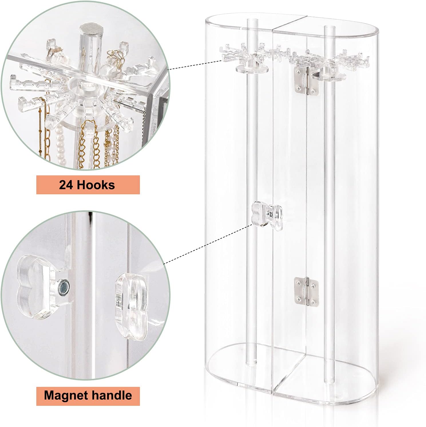 Huquter Jewellery Stand Organiser, Acrylic Necklace Stand with 24 Hooks, Dustproof Rotation Necklace Holder, Long Necklaces Pendant Bracelets Display Stand for Dresser Bathroom Vanity Countertop-2