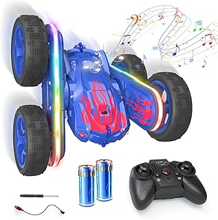 Wipkviey Remote Control Cars, RC Stunt Car Toys for Boys Girls, 4WD 2.4 Ghz Off Road Racing RC Car with Led Headlights, Double Sided 360° Flips, Birthday Present on Birthday Christmas (Blue)