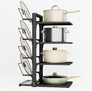 Swaitee Pan Organiser for Cupboard, 4-Tier Saucepan Storage with Height Adjustable, Heavy Duty Pots and Pans Organiser with 4 Adjustable Pot Lid Racks for Pots, Pans and Lids