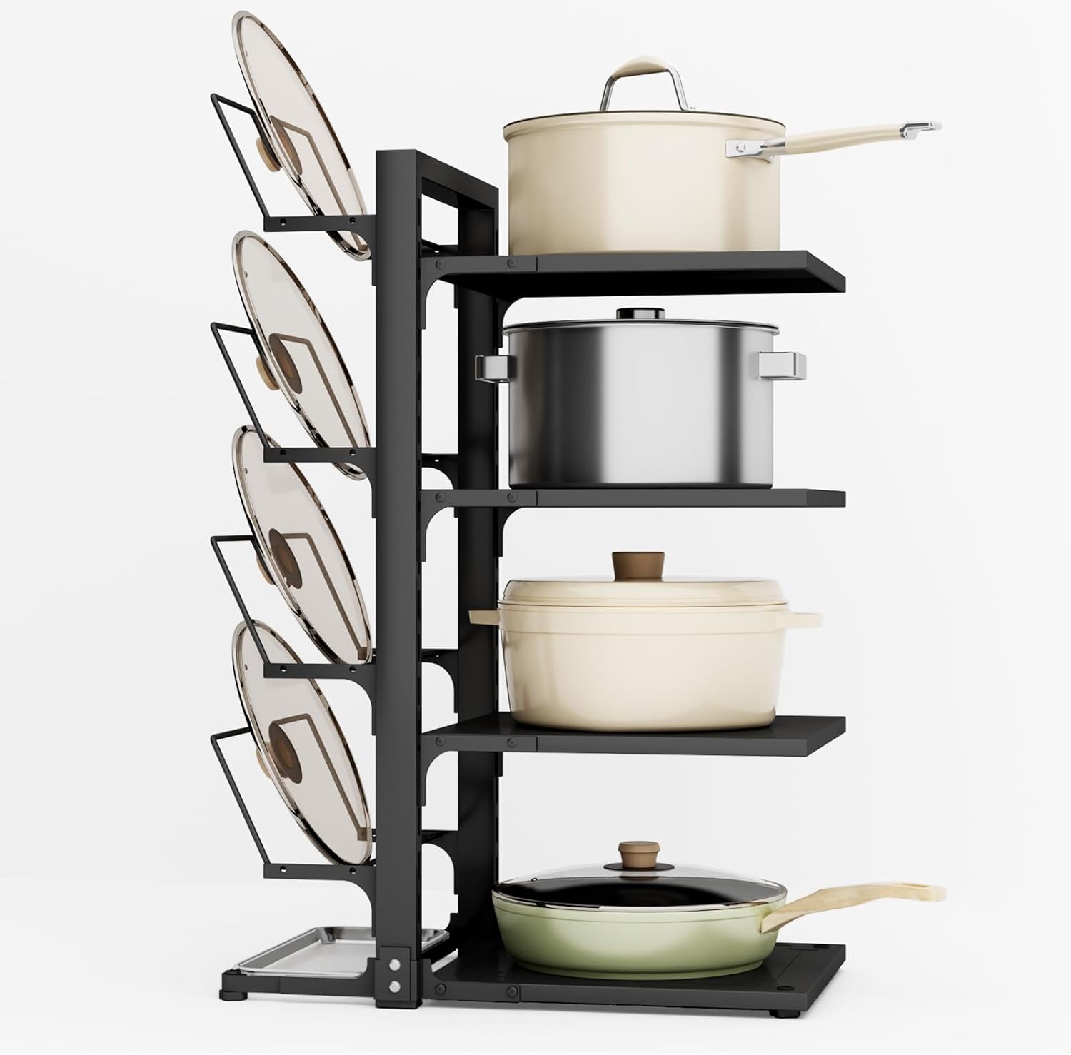 Swaitee Pan Organiser for Cupboard, 4-Tier Saucepan Storage with Height Adjustable, Heavy Duty Pots and Pans Organiser with 4 Adjustable Pot Lid Racks for Pots, Pans and Lids-0