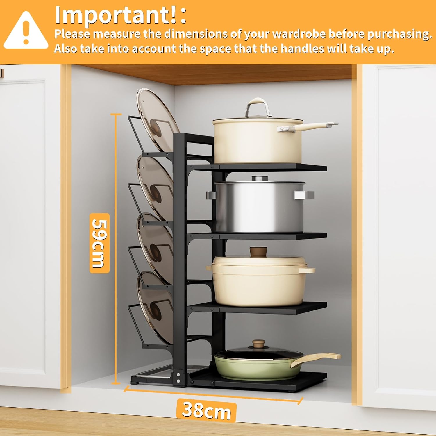 Swaitee Pan Organiser for Cupboard, 4-Tier Saucepan Storage with Height Adjustable, Heavy Duty Pots and Pans Organiser with 4 Adjustable Pot Lid Racks for Pots, Pans and Lids-1