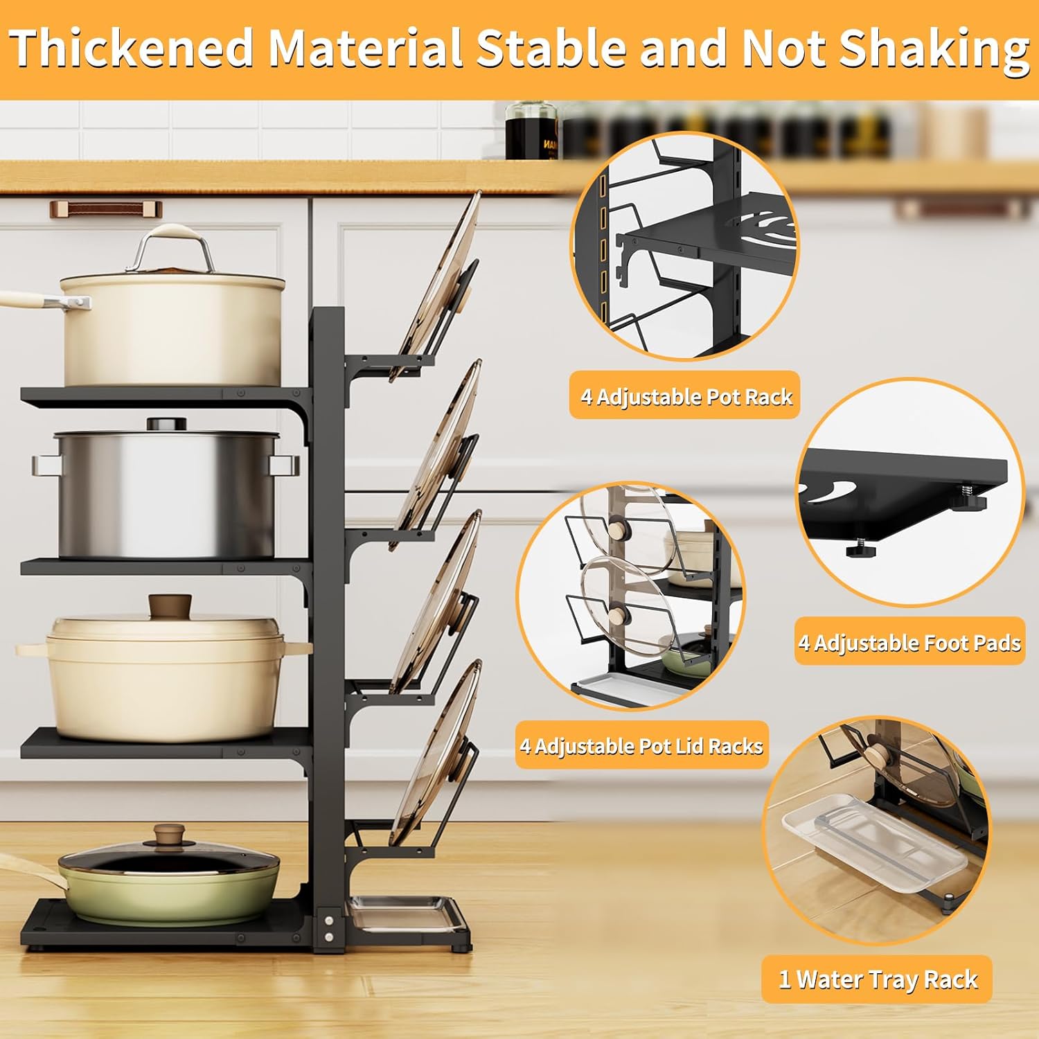 Swaitee Pan Organiser for Cupboard, 4-Tier Saucepan Storage with Height Adjustable, Heavy Duty Pots and Pans Organiser with 4 Adjustable Pot Lid Racks for Pots, Pans and Lids-3