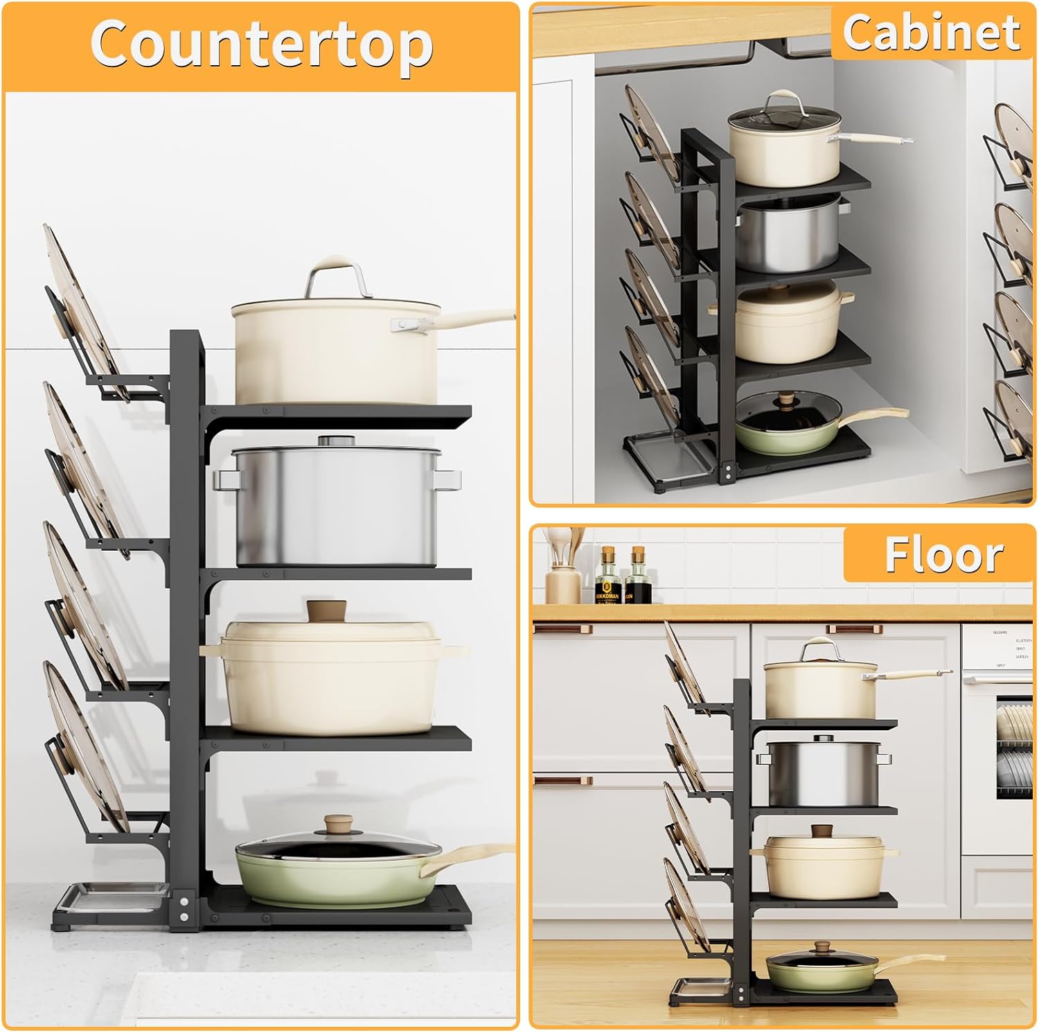 Swaitee Pan Organiser for Cupboard, 4-Tier Saucepan Storage with Height Adjustable, Heavy Duty Pots and Pans Organiser with 4 Adjustable Pot Lid Racks for Pots, Pans and Lids-6