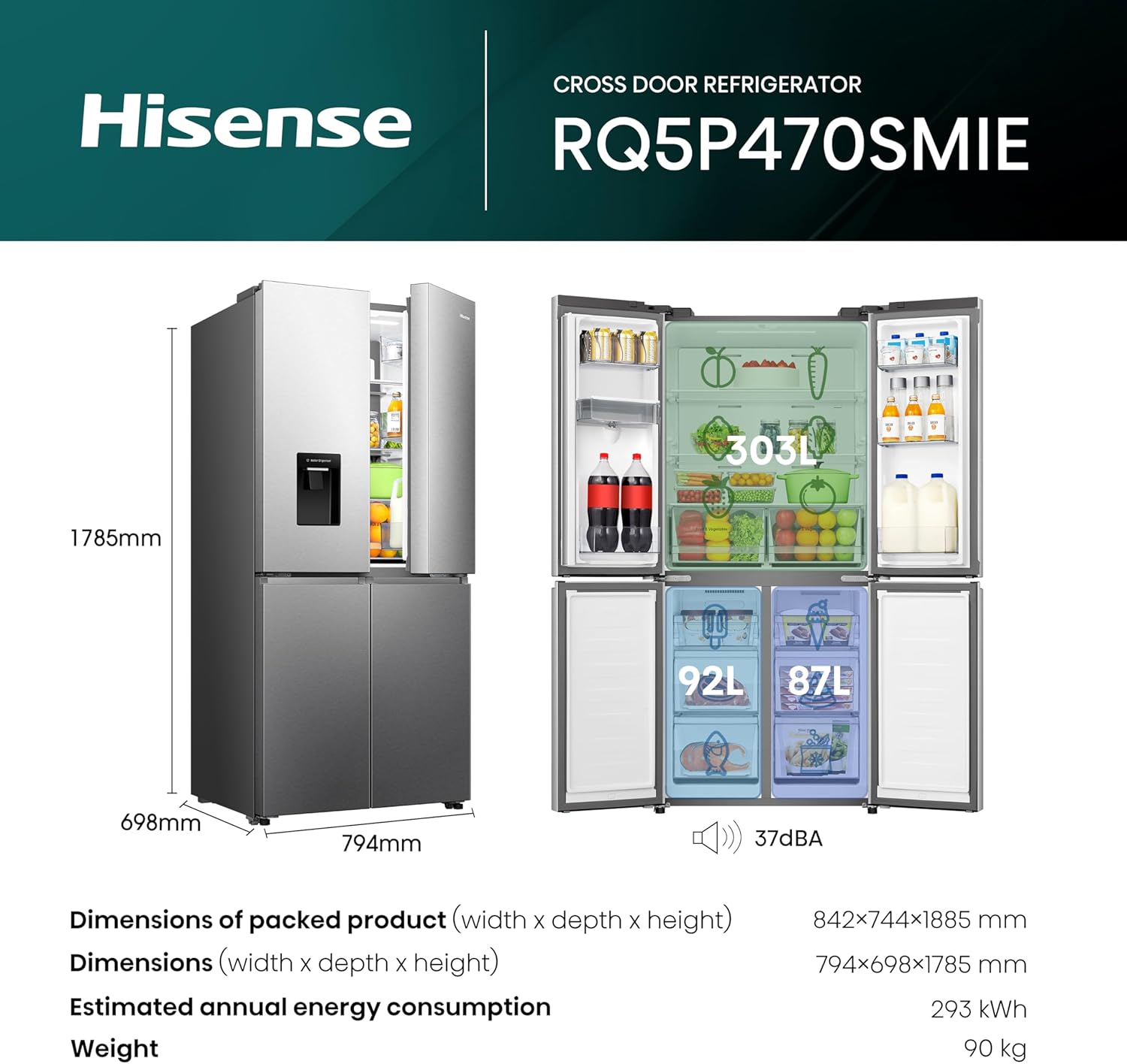 Hisense RQ5P470SMIE Wifi Connected American Fridge Freezer Cross Door with Water Dispenser, No Frost, 482 liters, Stainless Steel - E Rated, Noise level: 37 decibels, H178.5 x W79.4 x D69.8 (cm)-1