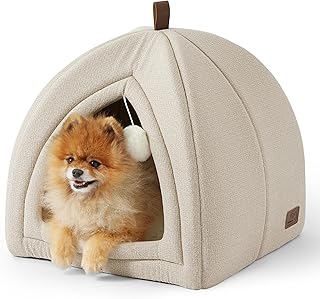 Bedsure Cat Cave Bed Igloo - Large Cat Tent Bed House with Removable Washable Cushion Pillow Foldable Portable Pet Bed, 44x44x44cm，Beige