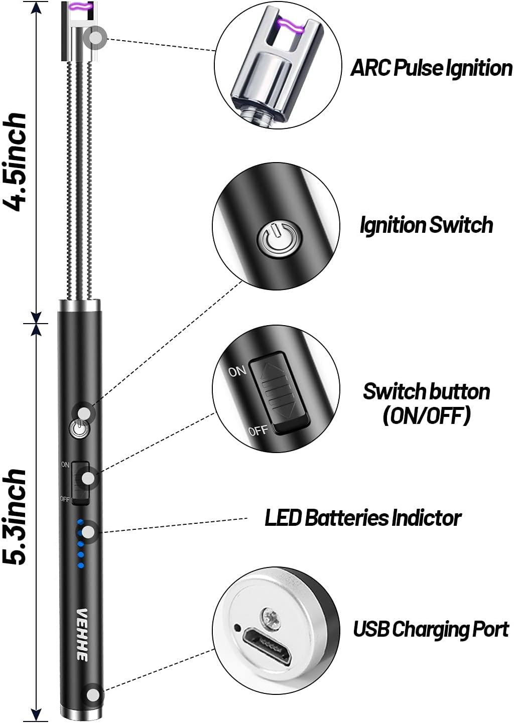 VEHHE Candle Lighter, Electric Lighter Rechargeable USB Lighter with 360° Long Flexible Neck, Arc Windproof Lighter with LED Battery Display, for BBQ Camping Light Candles Gas Stoves-1