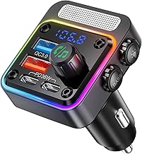 Nulaxy 54W Bluetooth 5.3 Car Adapter with 4 Charging Ports [PD 36W & QC3.0 18W], Wireless Radio FM Transmitter with Deep Bass Player & 5 Colors LED Backlit, Hands-Free Calling - NX16 Black