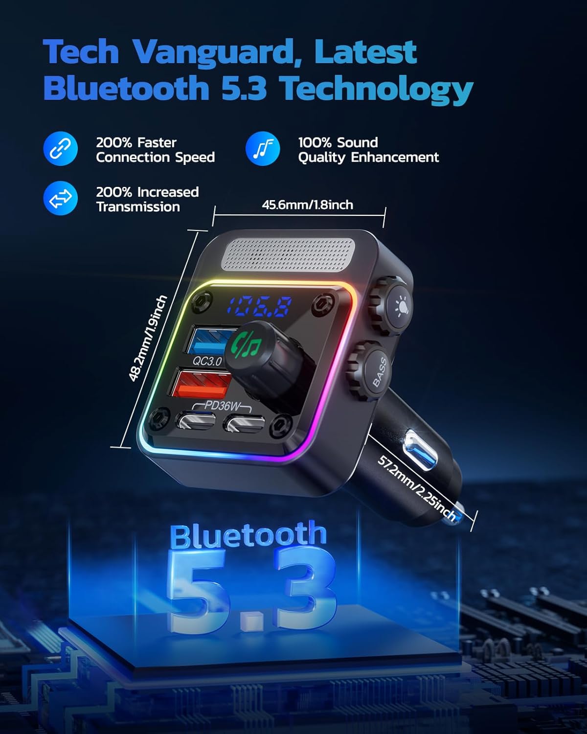 Nulaxy 54W Bluetooth 5.3 Car Adapter with 4 Charging Ports [PD 36W & QC3.0 18W], Wireless Radio FM Transmitter with Deep Bass Player & 5 Colors LED Backlit, Hands-Free Calling - NX16 Black-2