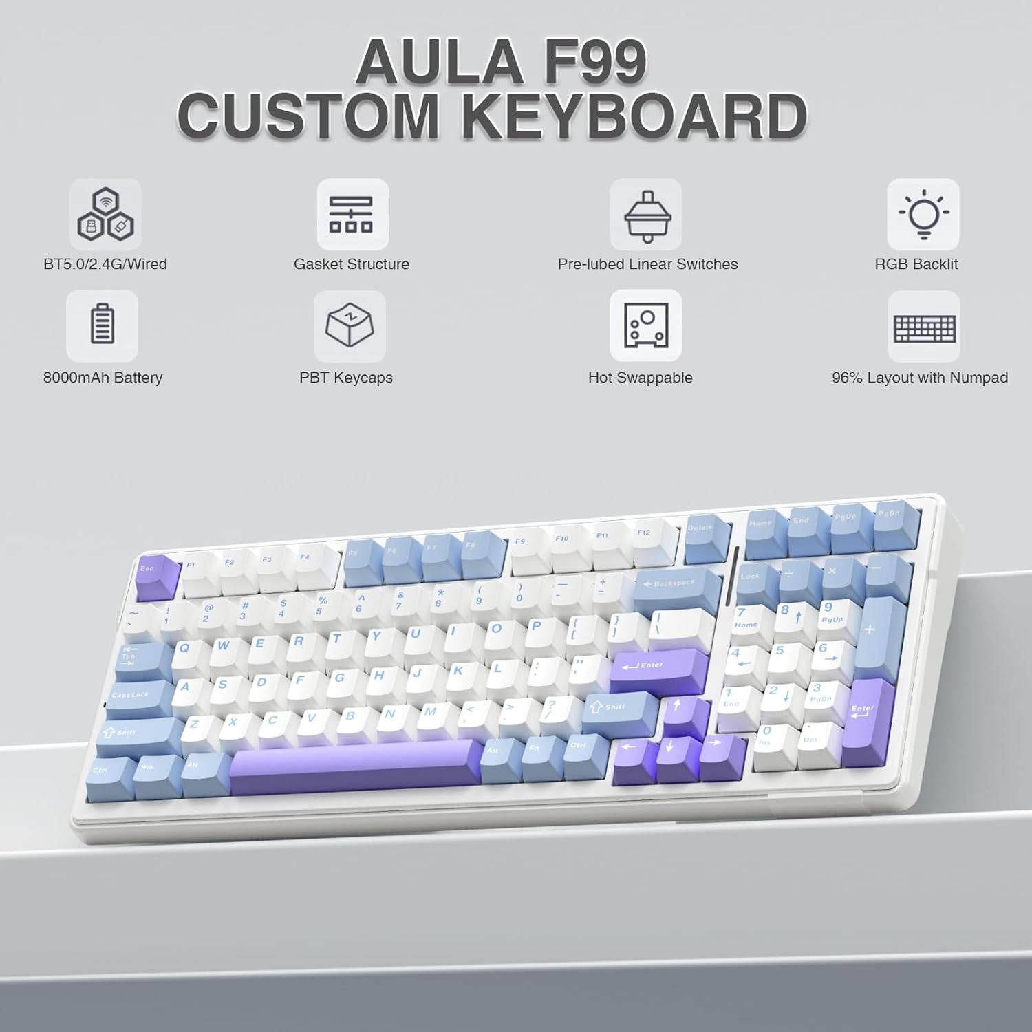 AULA F99 Mechanical Gaming Keyboard,Gasket Wireless Mechanical Keyboard,BT5.0/2.4GHz/USB-C Hot Swappable Custom Keyboard,Pre-lubed Switches RGB Keyboard for PC/Tablet/PS/Xbox,Blue&Purple-1