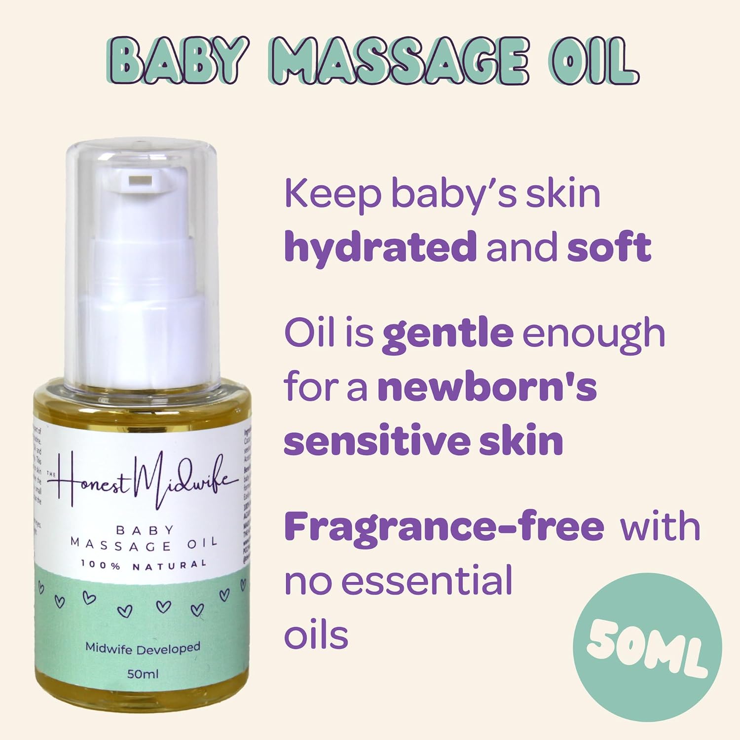 The Honest Midwife Baby Oil • 50ml • Massage Oil to Soothe, Moisturise & Heal • Suitable for Eczema + Cradle Cap • 100% Natural • Vegan • Cruelty-Free • Coconut Oil, Cocoa, Wheat Germ Oil + Vitamin E-1