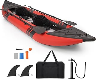 GYMAX Inflatable Kayak Set, 2-Person Inflatable Boat with Aluminum Oars, EVA Padded Seat, Fins, Hand Pump, Repair Kit and Carry Bag, Blow Up Canoe for Lakes, Rivers & Sea Shores