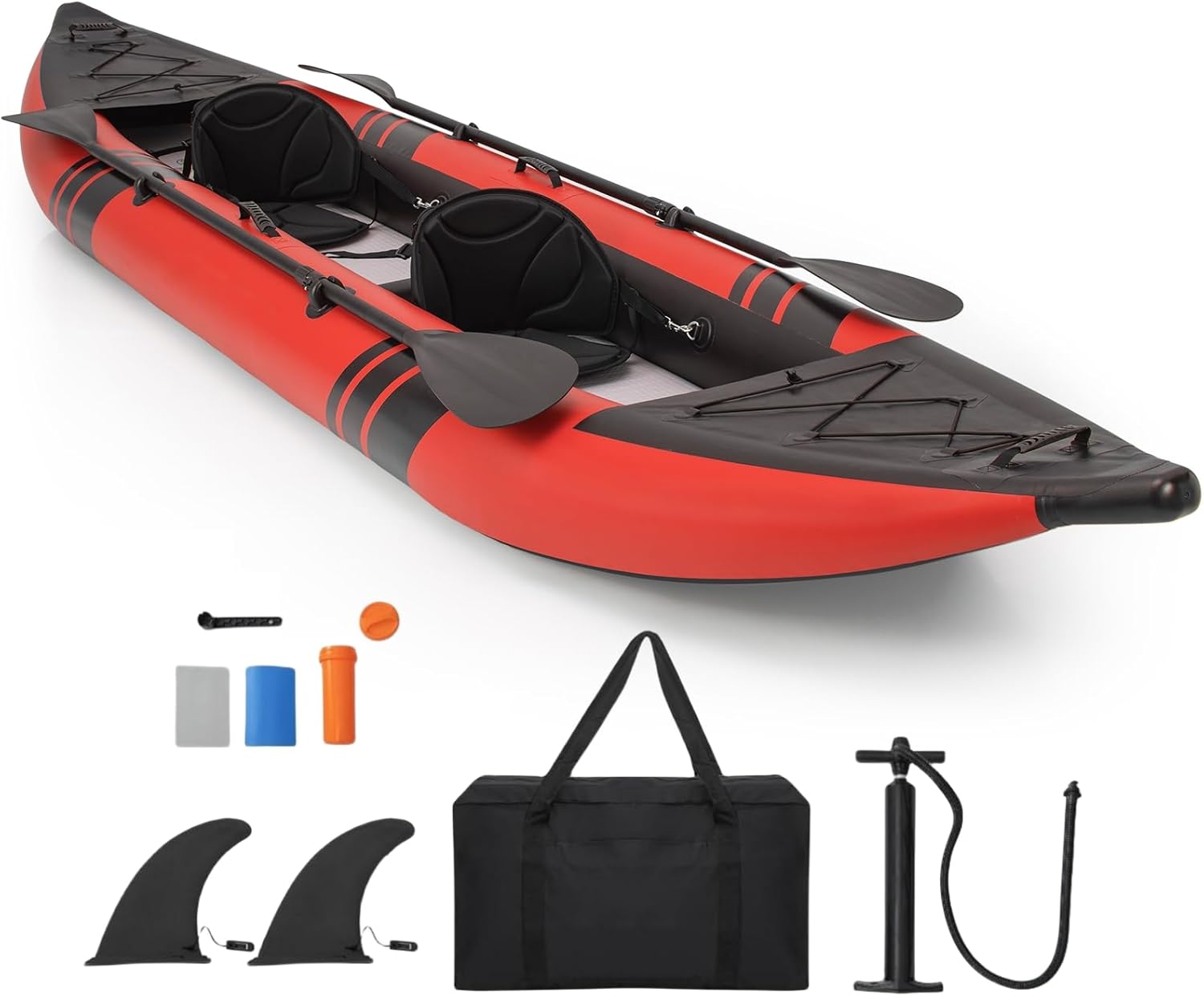 GYMAX Inflatable Kayak Set, 2-Person Inflatable Boat with Aluminum Oars, EVA Padded Seat, Fins, Hand Pump, Repair Kit and Carry Bag, Blow Up Canoe for Lakes, Rivers & Sea Shores-0