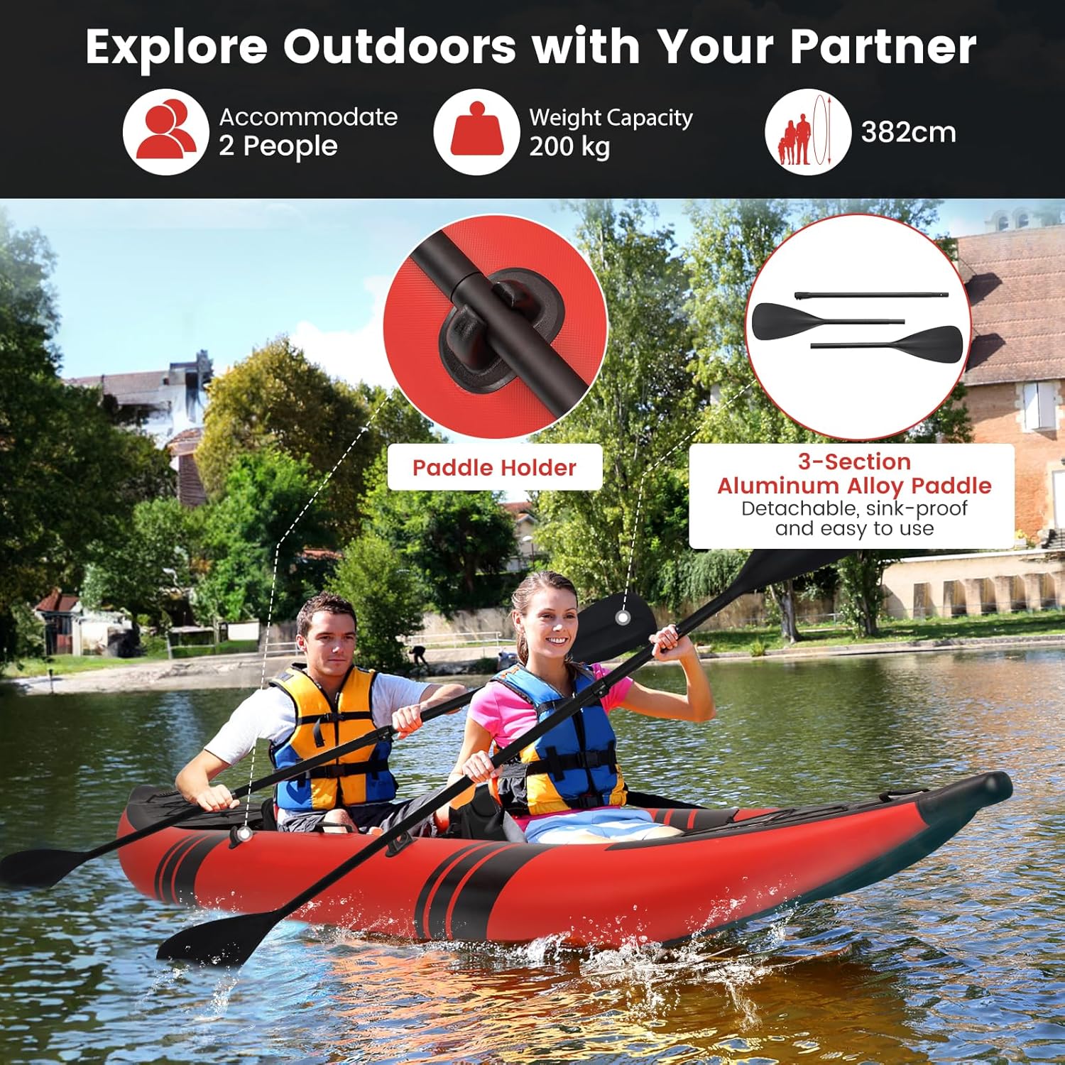 GYMAX Inflatable Kayak Set, 2-Person Inflatable Boat with Aluminum Oars, EVA Padded Seat, Fins, Hand Pump, Repair Kit and Carry Bag, Blow Up Canoe for Lakes, Rivers & Sea Shores-1