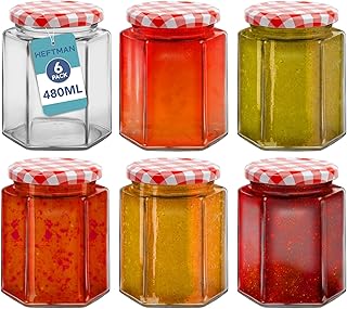 HEFTMAN Small Glass Jars with Lids - 6 Pack Airtight 480ml Jam Jars with Red Gingham Lids for Use as Pickling Jars, Glass Jars for Candle Making, Preserving Jars - Hexagonal Small Jars (Empty)