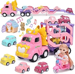 CUTE STONE Pink Truck Toys for Girl, 31.5 in extra Long Track Slide, 3 Layer Foldable Transport Carrier Vehicle W/Light & Sound, Lovely Doll,4 Pull-back Cars, 1 Motorcycle, 2 Pet Dogs, Princess Gifts