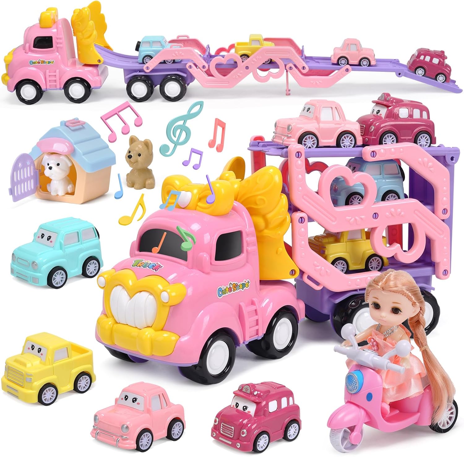 CUTE STONE Pink Truck Toys for Girl, 31.5 in extra Long Track Slide, 3 Layer Foldable Transport Carrier Vehicle W/Light & Sound, Lovely Doll,4 Pull-back Cars, 1 Motorcycle, 2 Pet Dogs, Princess Gifts-0