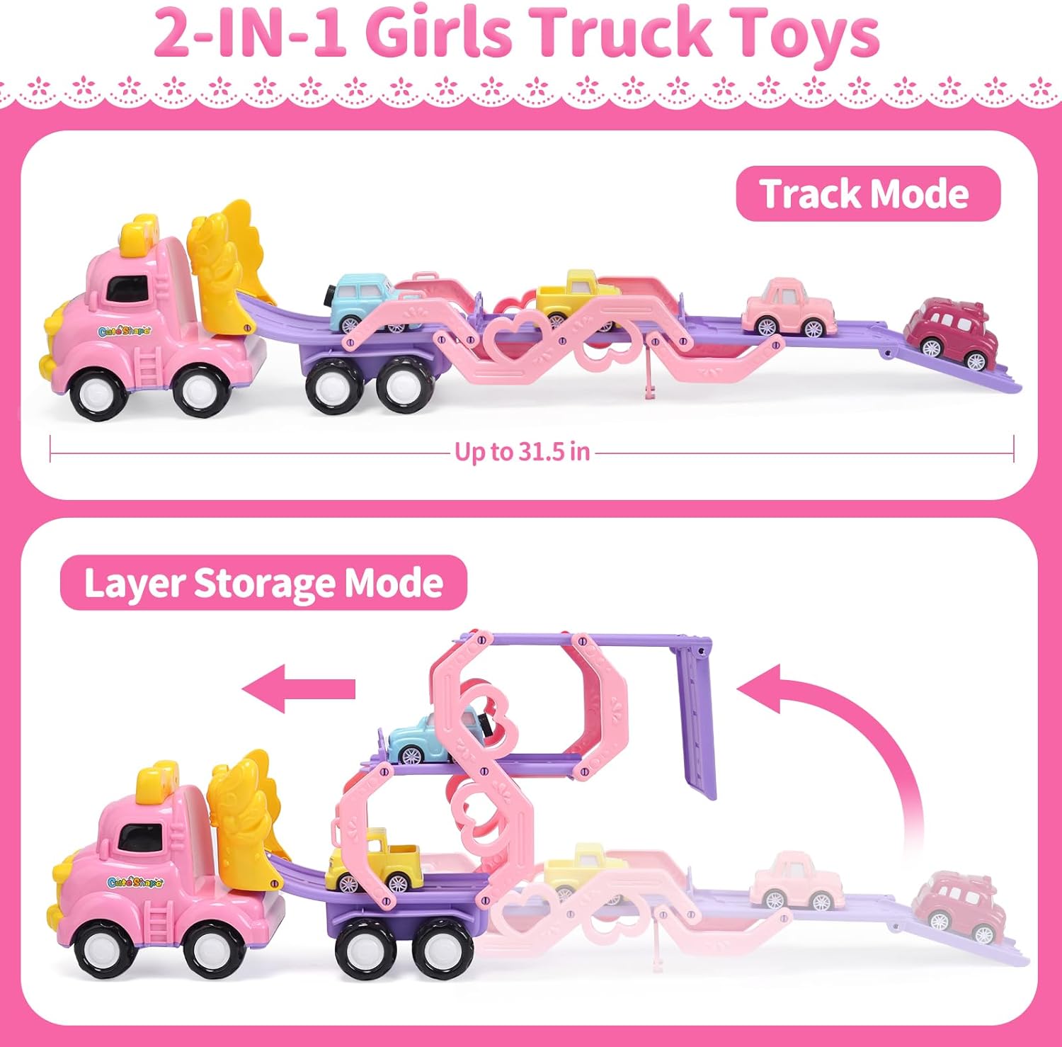 CUTE STONE Pink Truck Toys for Girl, 31.5 in extra Long Track Slide, 3 Layer Foldable Transport Carrier Vehicle W/Light & Sound, Lovely Doll,4 Pull-back Cars, 1 Motorcycle, 2 Pet Dogs, Princess Gifts-1