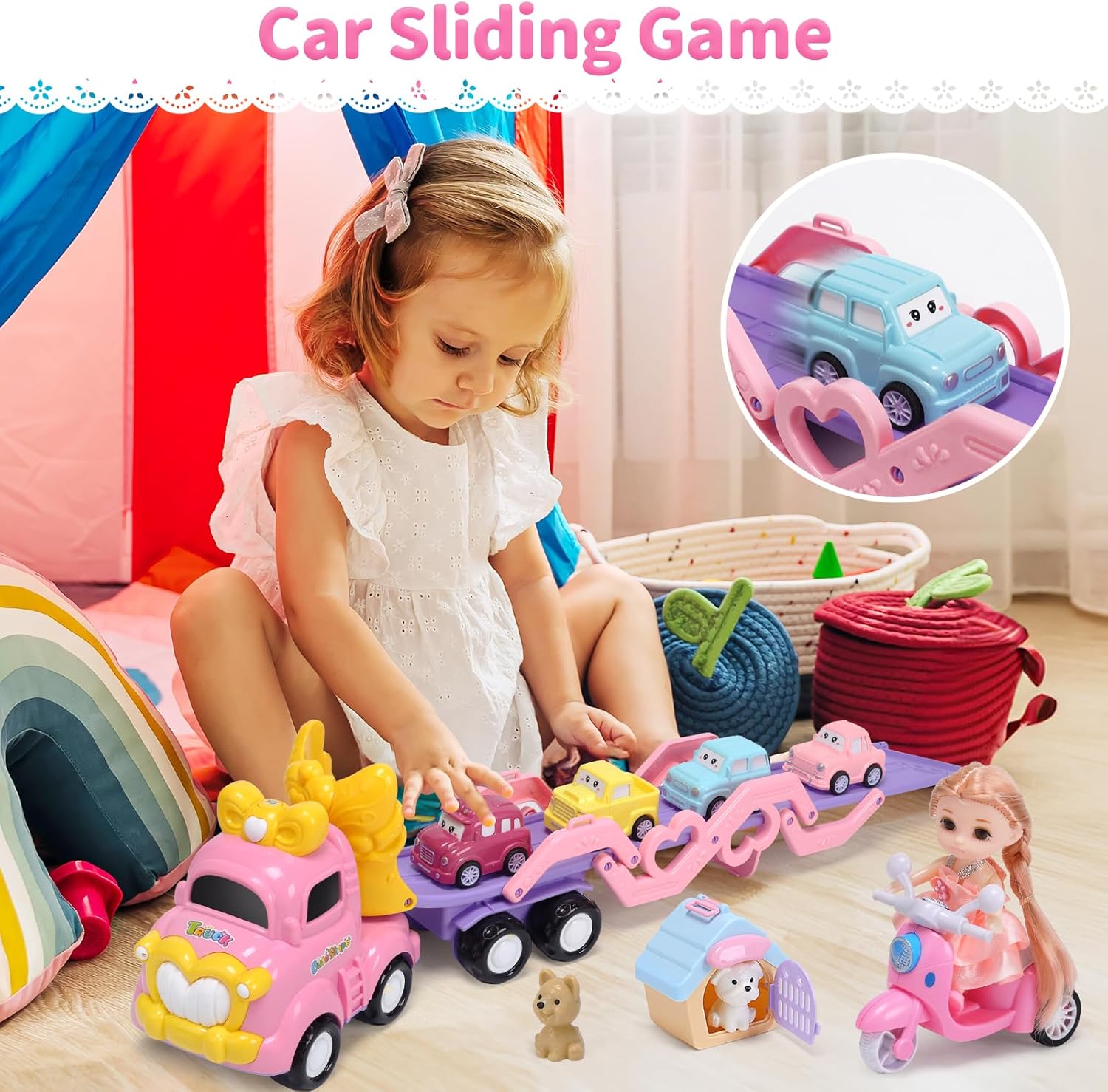 CUTE STONE Pink Truck Toys for Girl, 31.5 in extra Long Track Slide, 3 Layer Foldable Transport Carrier Vehicle W/Light & Sound, Lovely Doll,4 Pull-back Cars, 1 Motorcycle, 2 Pet Dogs, Princess Gifts-3