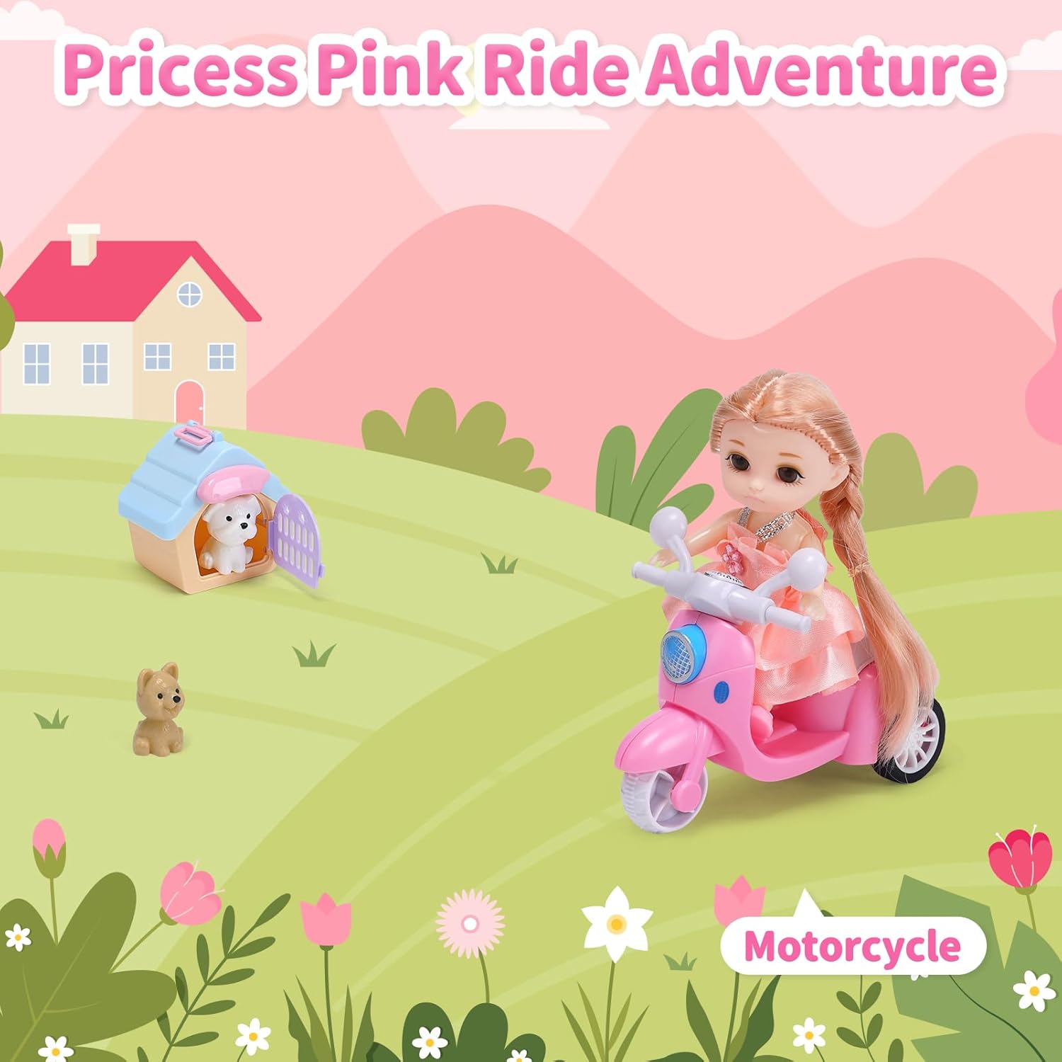 CUTE STONE Pink Truck Toys for Girl, 31.5 in extra Long Track Slide, 3 Layer Foldable Transport Carrier Vehicle W/Light & Sound, Lovely Doll,4 Pull-back Cars, 1 Motorcycle, 2 Pet Dogs, Princess Gifts-4