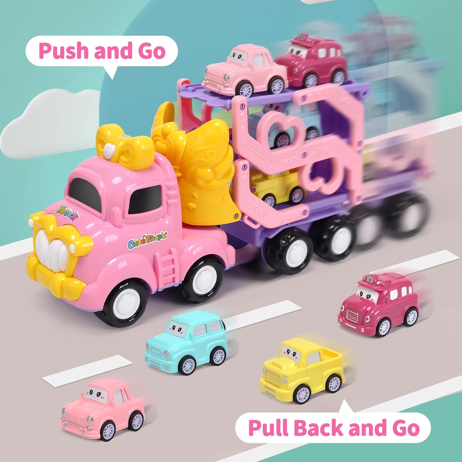 CUTE STONE Pink Truck Toys for Girl, 31.5 in extra Long Track Slide, 3 Layer Foldable Transport Carrier Vehicle W/Light & Sound, Lovely Doll,4 Pull-back Cars, 1 Motorcycle, 2 Pet Dogs, Princess Gifts-5