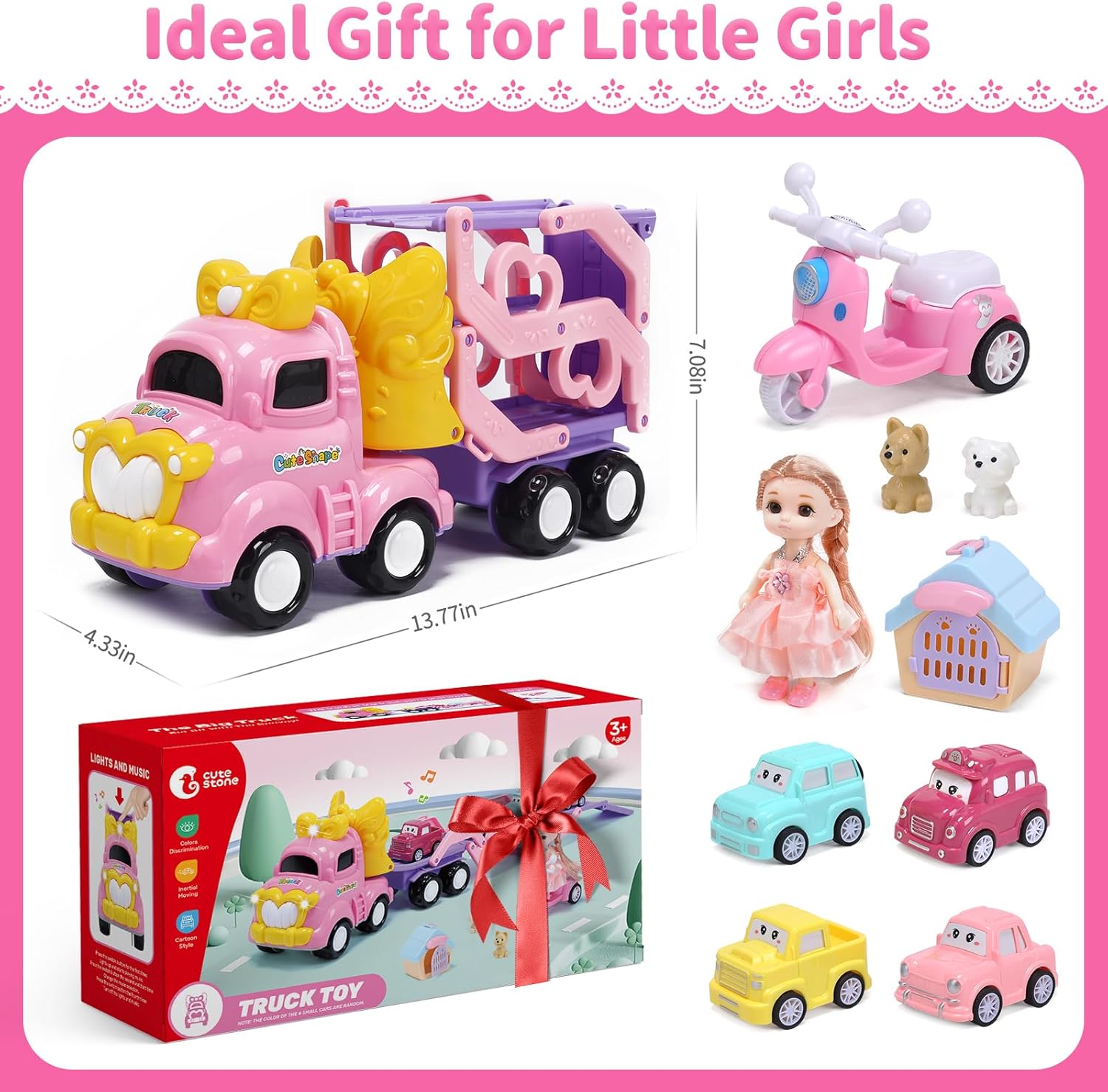 CUTE STONE Pink Truck Toys for Girl, 31.5 in extra Long Track Slide, 3 Layer Foldable Transport Carrier Vehicle W/Light & Sound, Lovely Doll,4 Pull-back Cars, 1 Motorcycle, 2 Pet Dogs, Princess Gifts-7